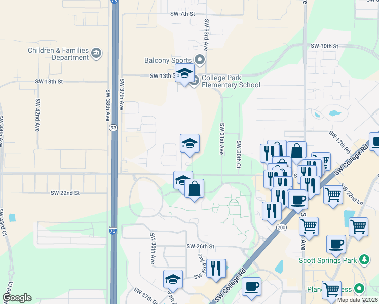 map of restaurants, bars, coffee shops, grocery stores, and more near 3443 Southwest 20th Street in Ocala