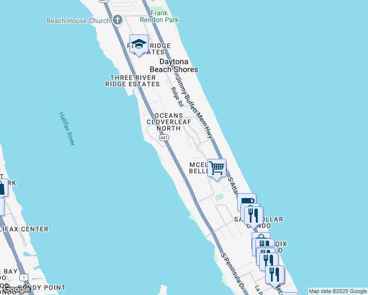 map of restaurants, bars, coffee shops, grocery stores, and more near 3 Oceans West Boulevard in Daytona Beach