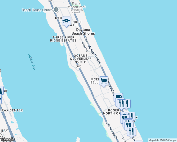 map of restaurants, bars, coffee shops, grocery stores, and more near 3 Oceans West Boulevard in Daytona Beach