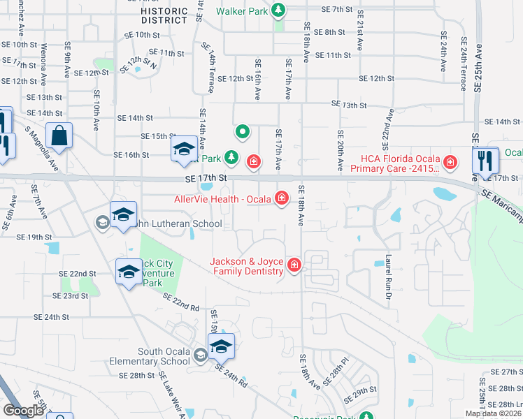 map of restaurants, bars, coffee shops, grocery stores, and more near 1721 Southeast 16th Avenue in Ocala