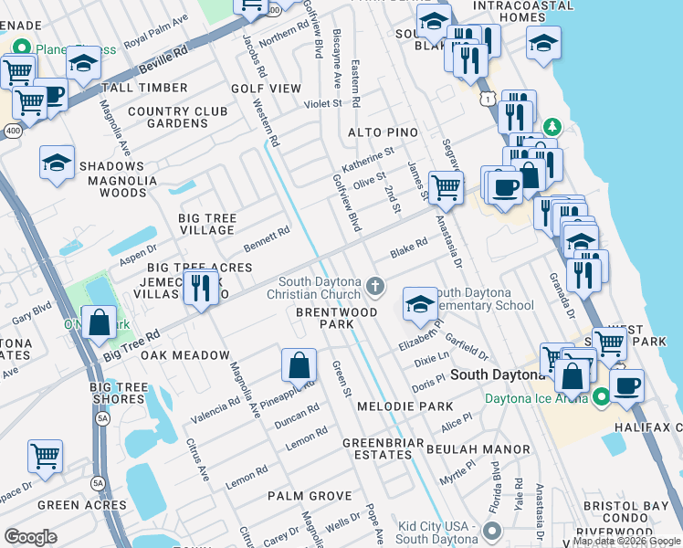 map of restaurants, bars, coffee shops, grocery stores, and more near 2001 Oriole Lane in South Daytona