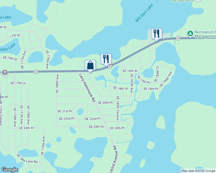 map of restaurants, bars, coffee shops, grocery stores, and more near 18535 Southeast 18th Street in Silver Springs