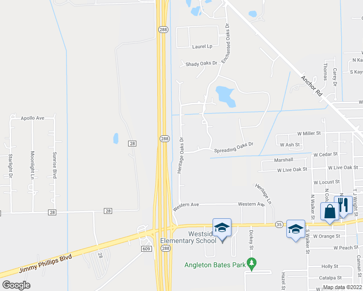 map of restaurants, bars, coffee shops, grocery stores, and more near 702 Heritage Oaks Drive in Angleton