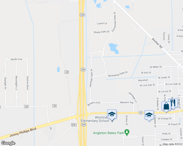 map of restaurants, bars, coffee shops, grocery stores, and more near 308 Heritage Oaks Drive in Angleton