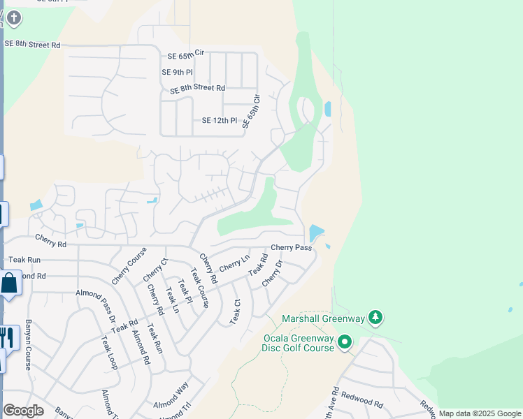 map of restaurants, bars, coffee shops, grocery stores, and more near 1415 West Gleneagles Road in Ocala