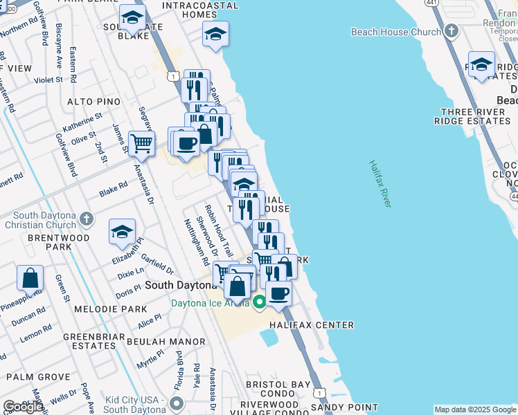 map of restaurants, bars, coffee shops, grocery stores, and more near 2200 South Palmetto Avenue in South Daytona