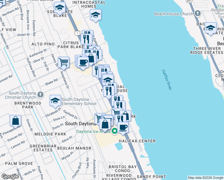 map of restaurants, bars, coffee shops, grocery stores, and more near in South Daytona