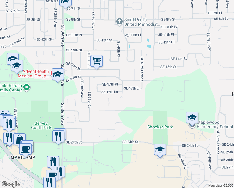 map of restaurants, bars, coffee shops, grocery stores, and more near 4015 Southeast 17th Lane in Ocala