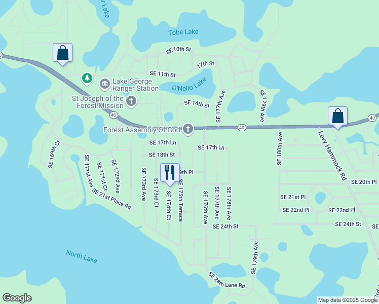 map of restaurants, bars, coffee shops, grocery stores, and more near 1798 Southeast 175th Terrace Road in Silver Springs