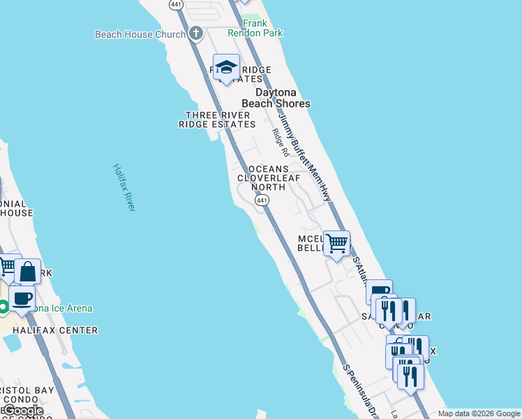 map of restaurants, bars, coffee shops, grocery stores, and more near 2925 River Point Drive in Daytona Beach