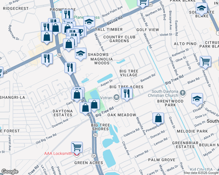 map of restaurants, bars, coffee shops, grocery stores, and more near 920 Boulder Drive in South Daytona