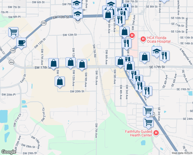map of restaurants, bars, coffee shops, grocery stores, and more near 1725 Southwest 7th Avenue in Ocala