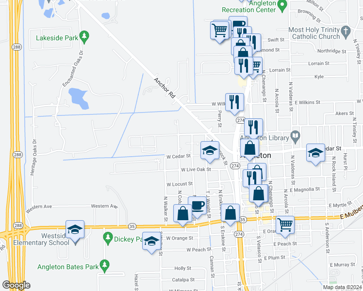 map of restaurants, bars, coffee shops, grocery stores, and more near 616 North Columbia Street in Angleton