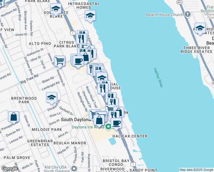 map of restaurants, bars, coffee shops, grocery stores, and more near 2200 South Palmetto Avenue in Daytona Beach