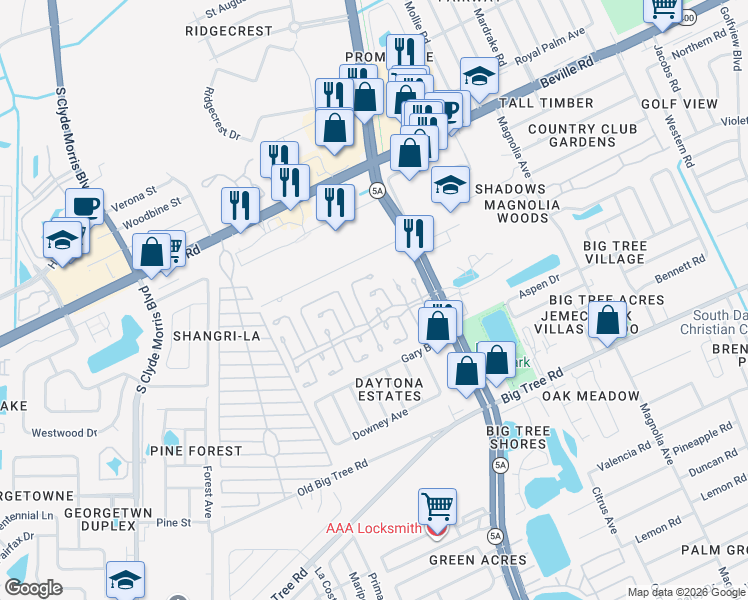 map of restaurants, bars, coffee shops, grocery stores, and more near 22 Glen Cove Court in Daytona Beach
