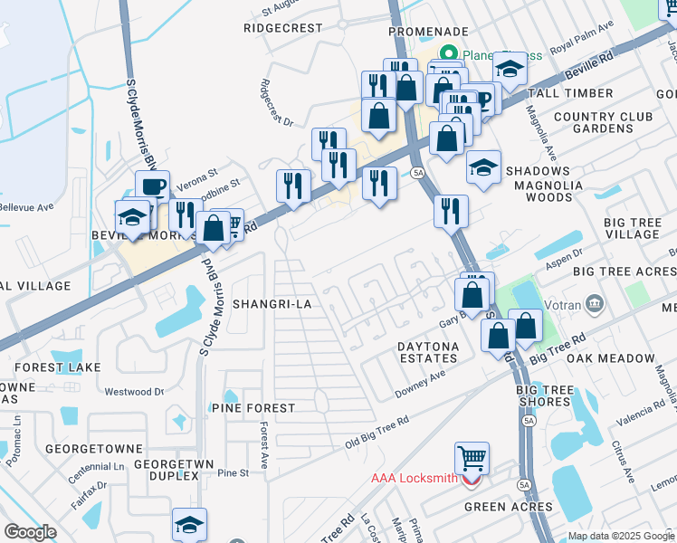 map of restaurants, bars, coffee shops, grocery stores, and more near 1046 June Terrace in Daytona Beach