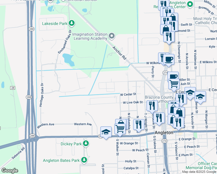 map of restaurants, bars, coffee shops, grocery stores, and more near 901 West Miller Street in Angleton