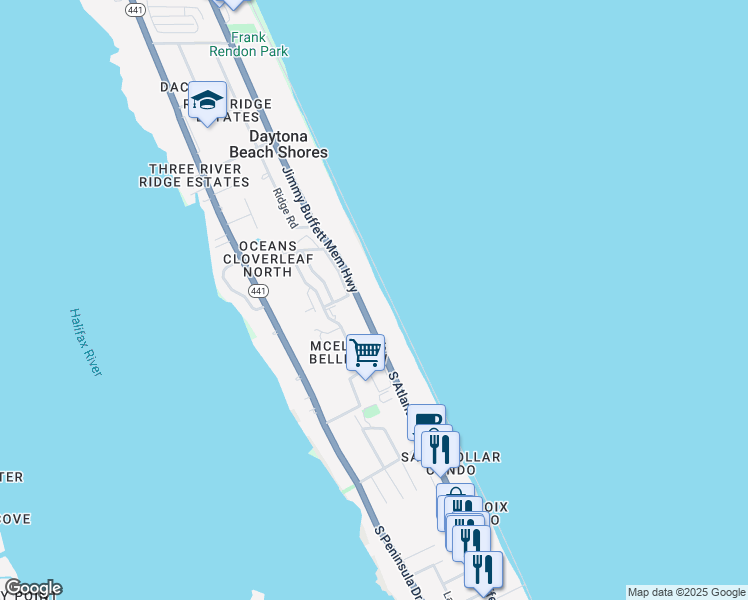 map of restaurants, bars, coffee shops, grocery stores, and more near 2967 Florida A1A in Daytona Beach Shores