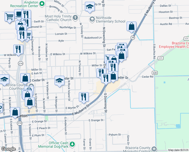 map of restaurants, bars, coffee shops, grocery stores, and more near 1013 East Cedar Street in Angleton