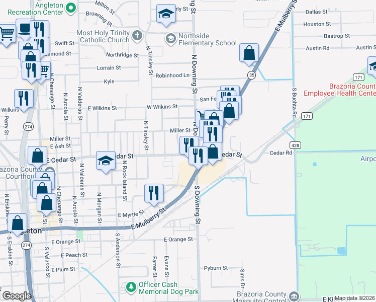 map of restaurants, bars, coffee shops, grocery stores, and more near 1113 East Cedar Street in Angleton