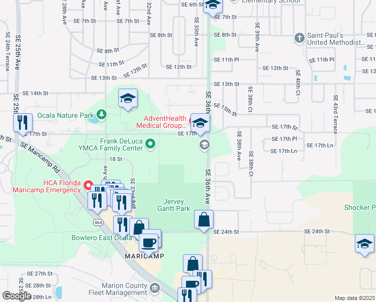 map of restaurants, bars, coffee shops, grocery stores, and more near 1714 Southeast 36th Avenue in Ocala