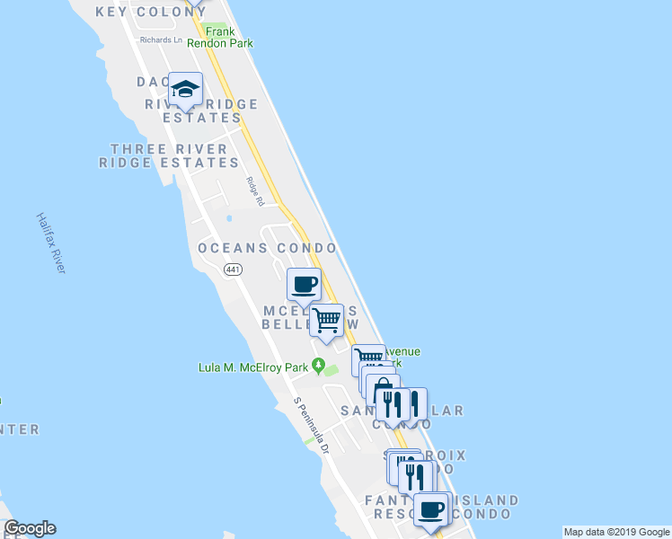map of restaurants, bars, coffee shops, grocery stores, and more near 2967 Florida A1A in Daytona Beach Shores