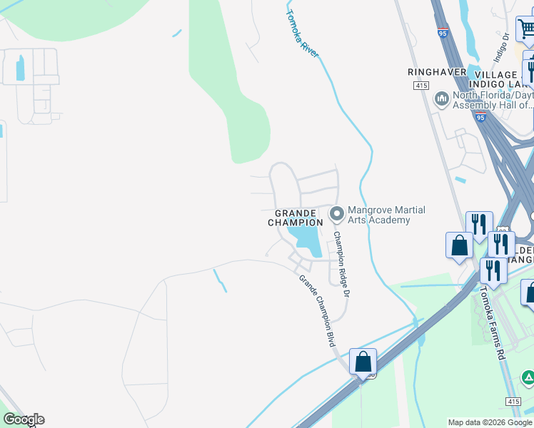 map of restaurants, bars, coffee shops, grocery stores, and more near 324 Grande Lake Drive in Daytona Beach