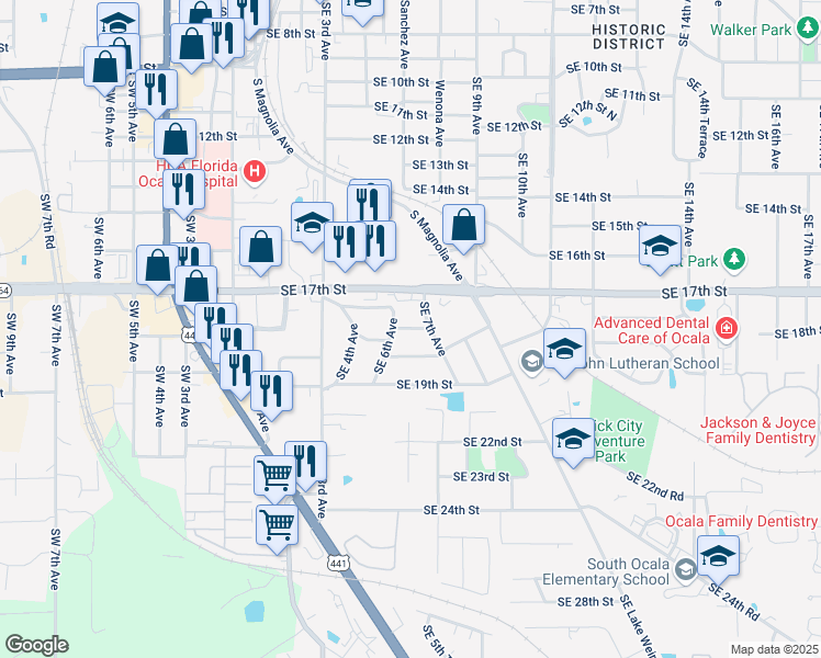 map of restaurants, bars, coffee shops, grocery stores, and more near 637 Southeast 17th Place in Ocala