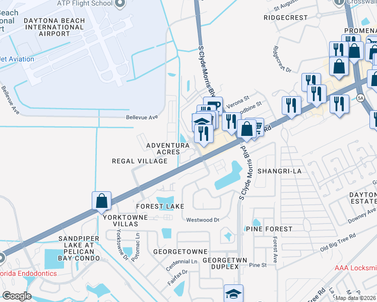 map of restaurants, bars, coffee shops, grocery stores, and more near 1250 Woodcrest Drive in Daytona Beach