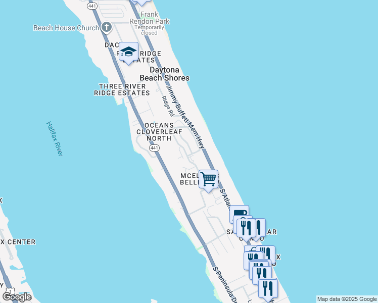 map of restaurants, bars, coffee shops, grocery stores, and more near 2963 Oceans Trace in Daytona Beach
