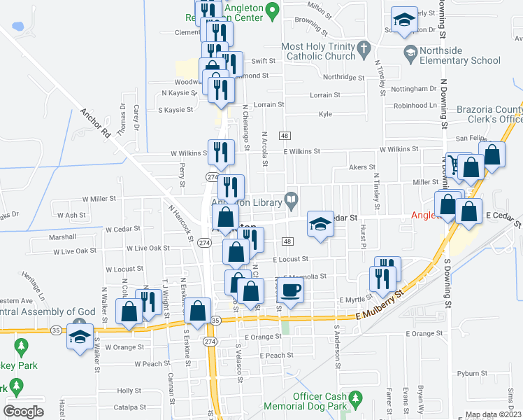map of restaurants, bars, coffee shops, grocery stores, and more near 210 East Ash Street in Angleton