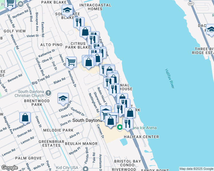 map of restaurants, bars, coffee shops, grocery stores, and more near 2174 South Ridgewood Avenue in South Daytona