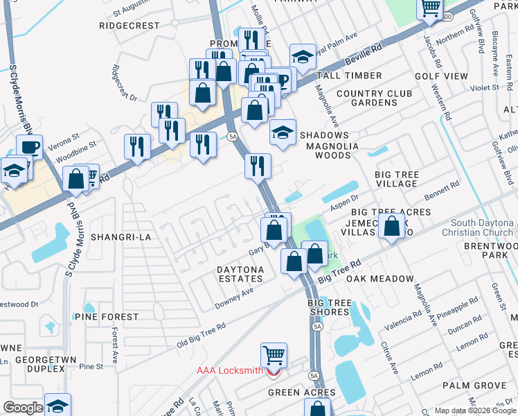 map of restaurants, bars, coffee shops, grocery stores, and more near 1 Carriage Cove Way in Daytona Beach