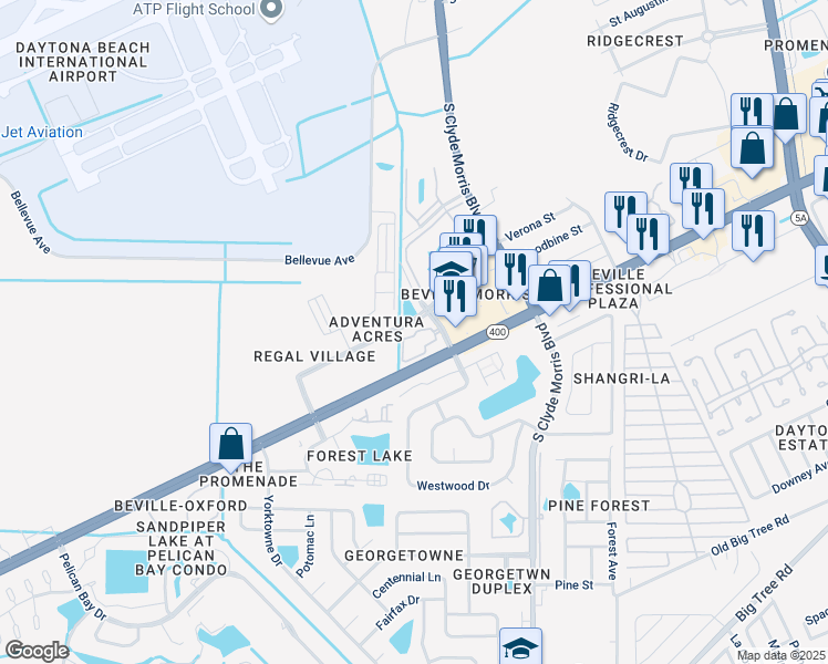 map of restaurants, bars, coffee shops, grocery stores, and more near 1250 Woodcrest Drive in Daytona Beach