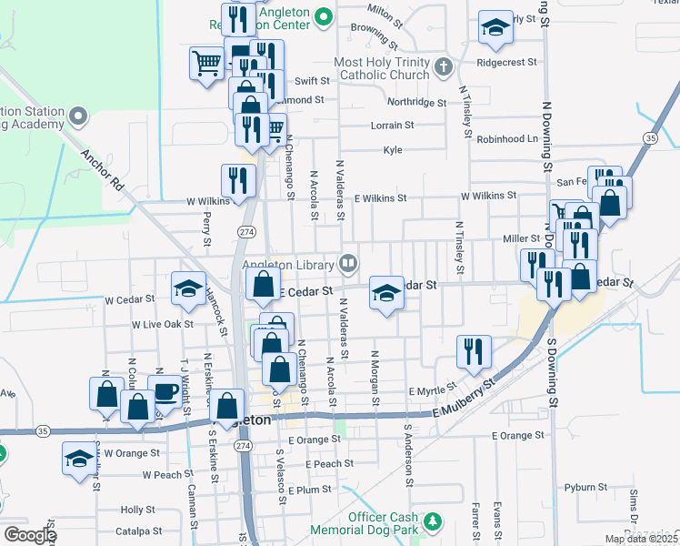 map of restaurants, bars, coffee shops, grocery stores, and more near 611 County Road 48 in Angleton