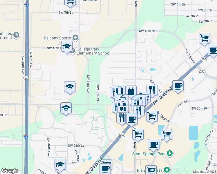 map of restaurants, bars, coffee shops, grocery stores, and more near 1812 Southwest 29th Terrace in Ocala