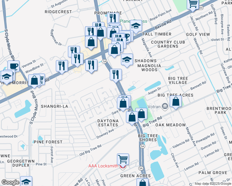map of restaurants, bars, coffee shops, grocery stores, and more near 1 Carriage Cove Way in Daytona Beach