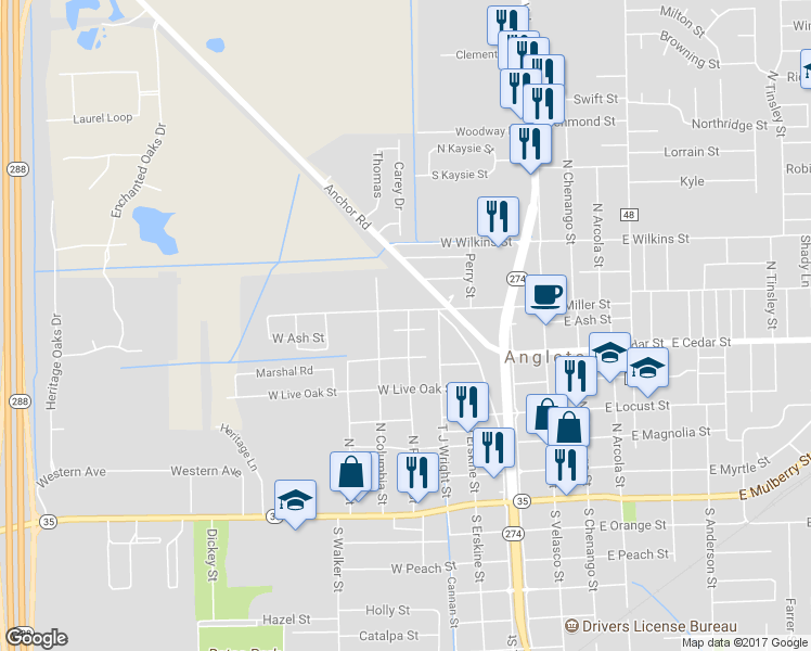 map of restaurants, bars, coffee shops, grocery stores, and more near 701 North Parrish Street in Angleton