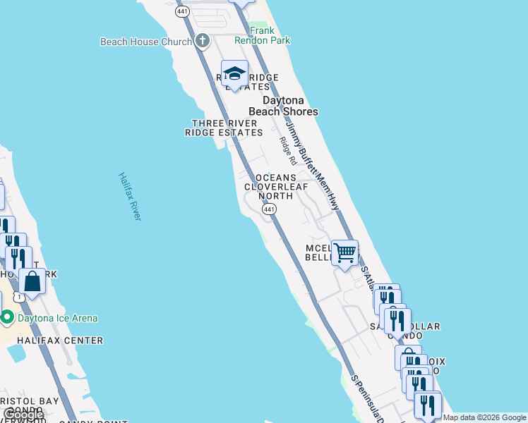 map of restaurants, bars, coffee shops, grocery stores, and more near 2925 River Point Drive in Daytona Beach
