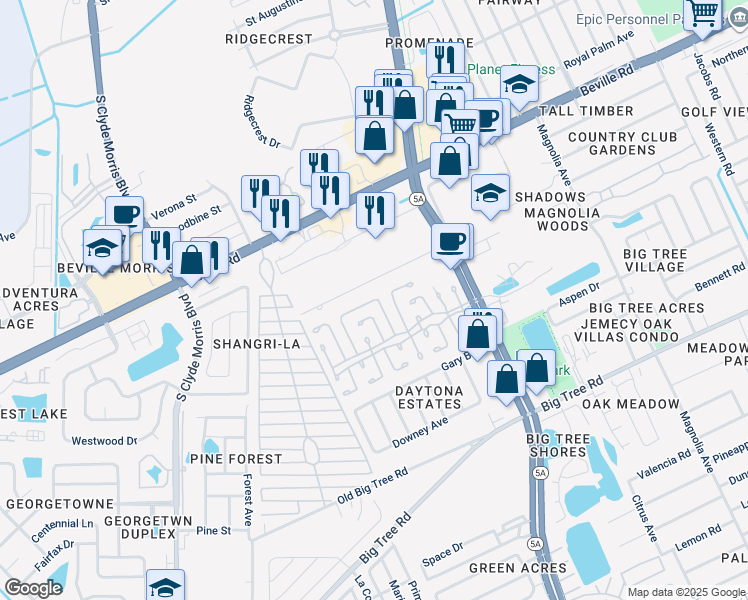 map of restaurants, bars, coffee shops, grocery stores, and more near 21 Twin Coach Court in Daytona Beach