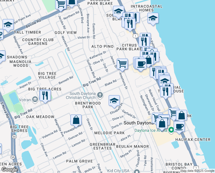 map of restaurants, bars, coffee shops, grocery stores, and more near 527 Blake Road in South Daytona