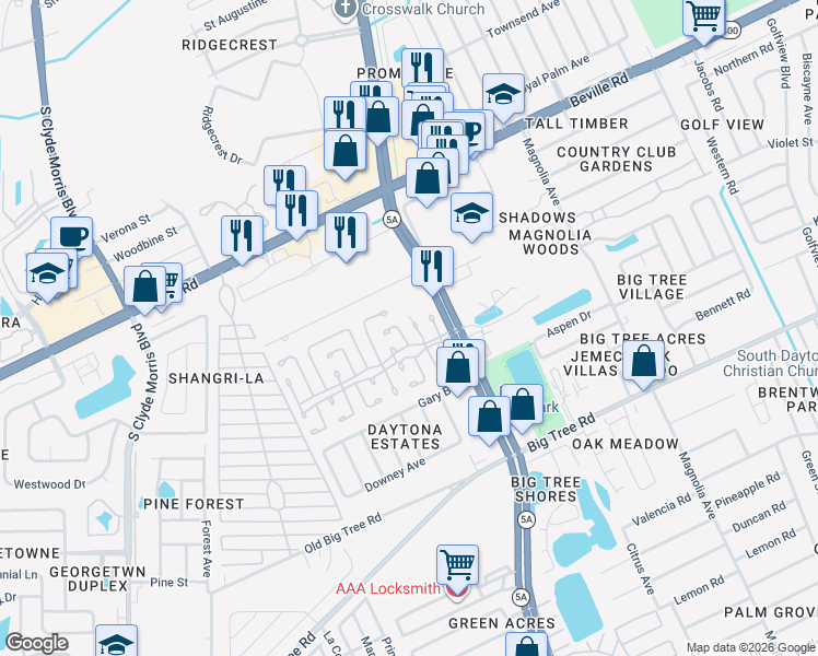 map of restaurants, bars, coffee shops, grocery stores, and more near 1 Carriage Cove Way in Daytona Beach