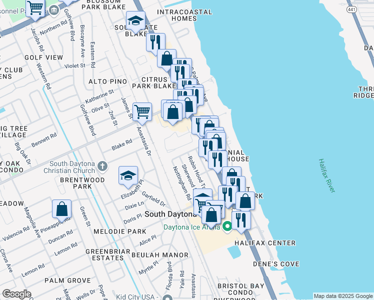 map of restaurants, bars, coffee shops, grocery stores, and more near 328 Slayton Avenue in South Daytona