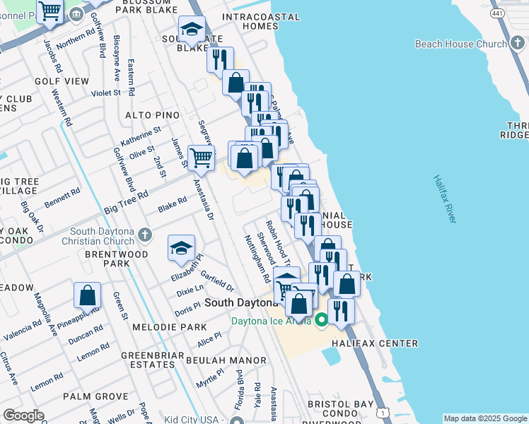 map of restaurants, bars, coffee shops, grocery stores, and more near 328 Slayton Avenue in South Daytona