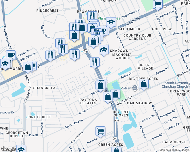 map of restaurants, bars, coffee shops, grocery stores, and more near 1 Carriage Cove Way in Daytona Beach
