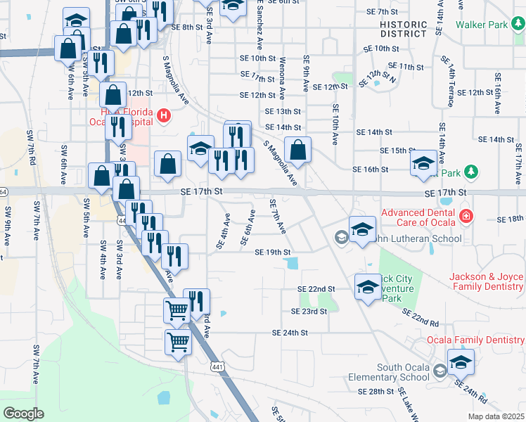 map of restaurants, bars, coffee shops, grocery stores, and more near 637 Southeast 17th Place in Ocala