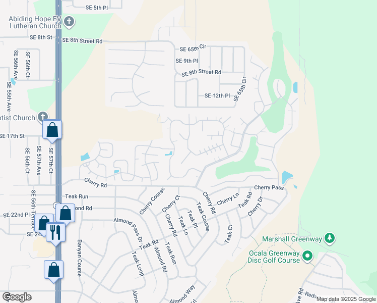 map of restaurants, bars, coffee shops, grocery stores, and more near 1704 Sedgefield Lane in Ocala