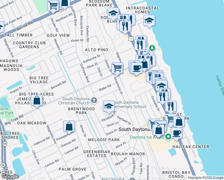 map of restaurants, bars, coffee shops, grocery stores, and more near 514 Lambright Rd in South Daytona