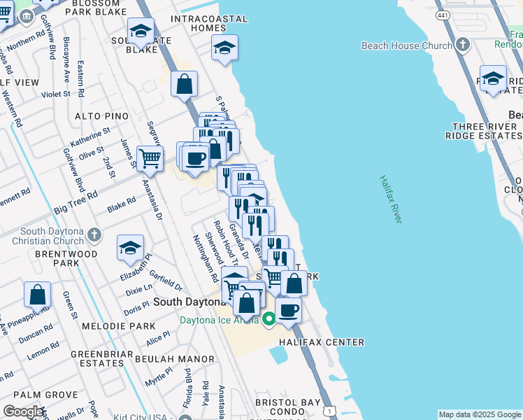 map of restaurants, bars, coffee shops, grocery stores, and more near in South Daytona