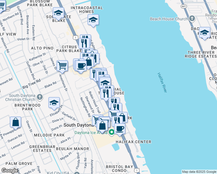 map of restaurants, bars, coffee shops, grocery stores, and more near 2190 South Palmetto Avenue in South Daytona